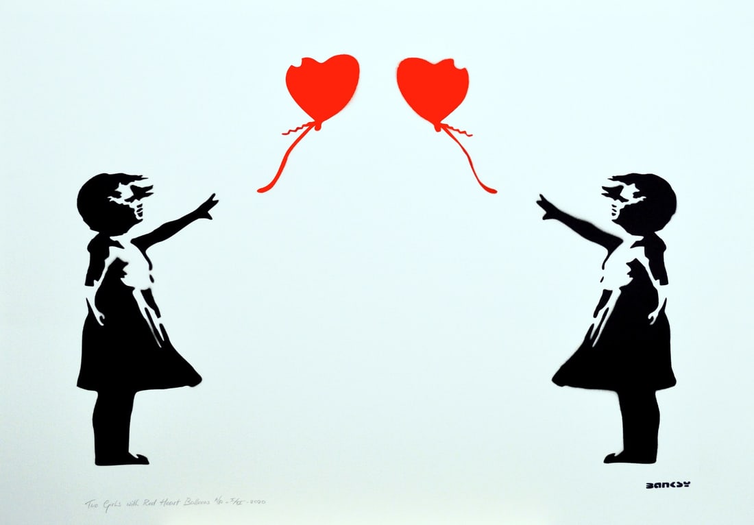 Banksy, after - Stencil / Spray.: Title: Two Girls with Red Heart Balloons. Banksy, after. Stencil/Spray. StreetArt. Edition: A/P (Artist Proof) Random/XX. Comes with Signed COA card of the Publisher. Signature imprimée (signed in pl