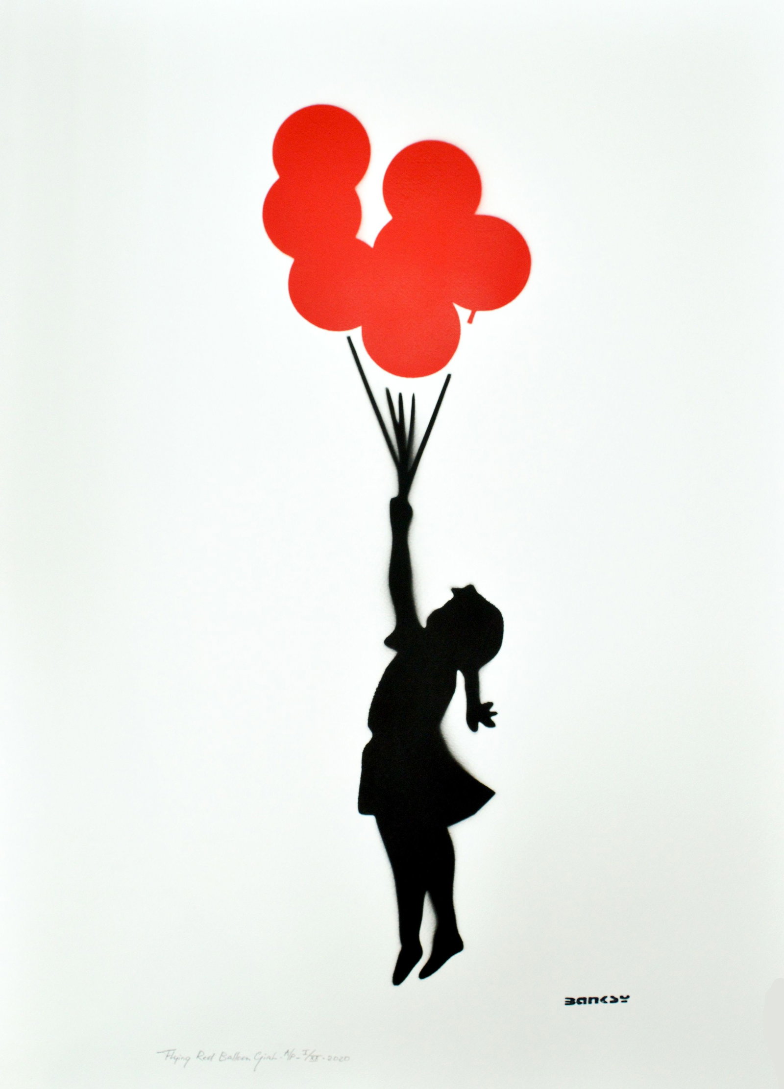 Banksy, after - Stencil / Spray.: Title: Flying Red Balloon Girl. Banksy, after. Stencil/Spray. StreetArt. Edition: A/P (Artist Proof) Random/XX. Comes with Signed COA card of the Publisher. Signature imprimée (signed in plate). With
