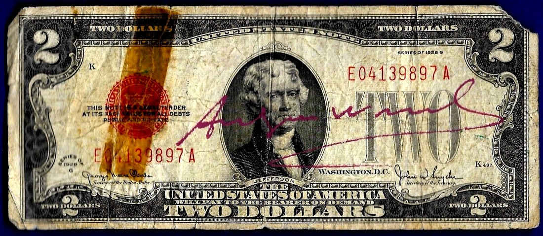 Andy Warhol - 2 dollar banknote with hand signature and certificate (1 of 3)