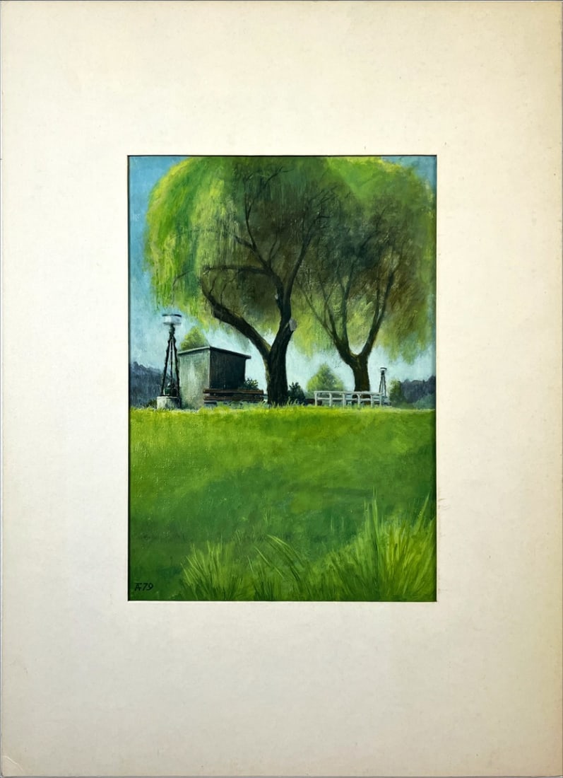 Landscape - Oil Painting on canvas - Hand signed: Landscape with trees, vibrant colors, great Oil-painting by an unreadable artist. Dutch School. Comes with passe-partout.From the collection of the municipality of The Hague, The Netherlands.