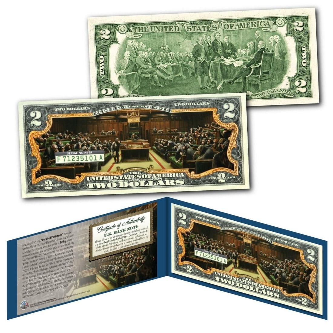 Banky $2: BANKSY Devolved Parliament UK Painting Genuine Legal Tender U.S. $2 Bill - Apes. Comes with special map.