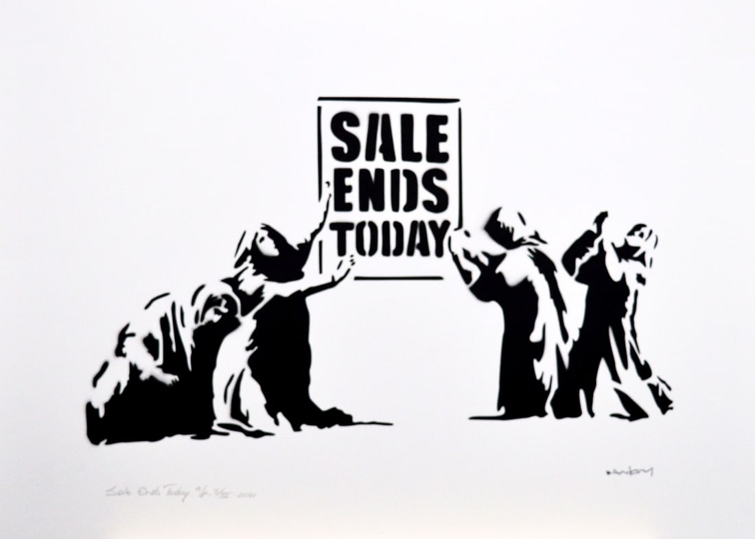 Banksy, after - Stencil / Spray: Title: Sale Ends Today. Banksy, after. Stencil/Spray. StreetArt. Edition: A/P (Artist Proof) Random/XX. Comes with Signed COA card of the Publisher. Signature imprimée (signed in plate). With pencil