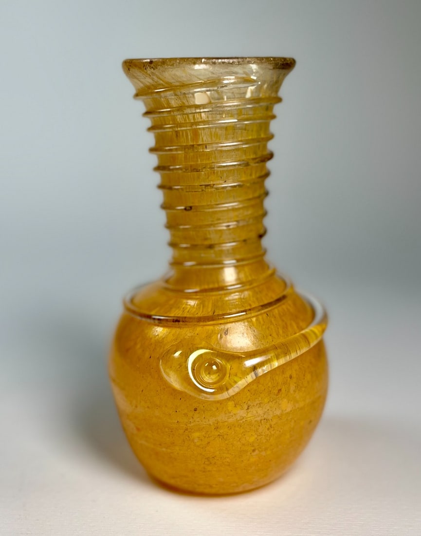MURANO - Glass object.: VINTAGE MURANO ART GLASS VASE WITH TRAILING SNAKE IN YELLOW. YELLOW SPATTER CASED IN CLEAR GLASS. TRAILING SNAKE