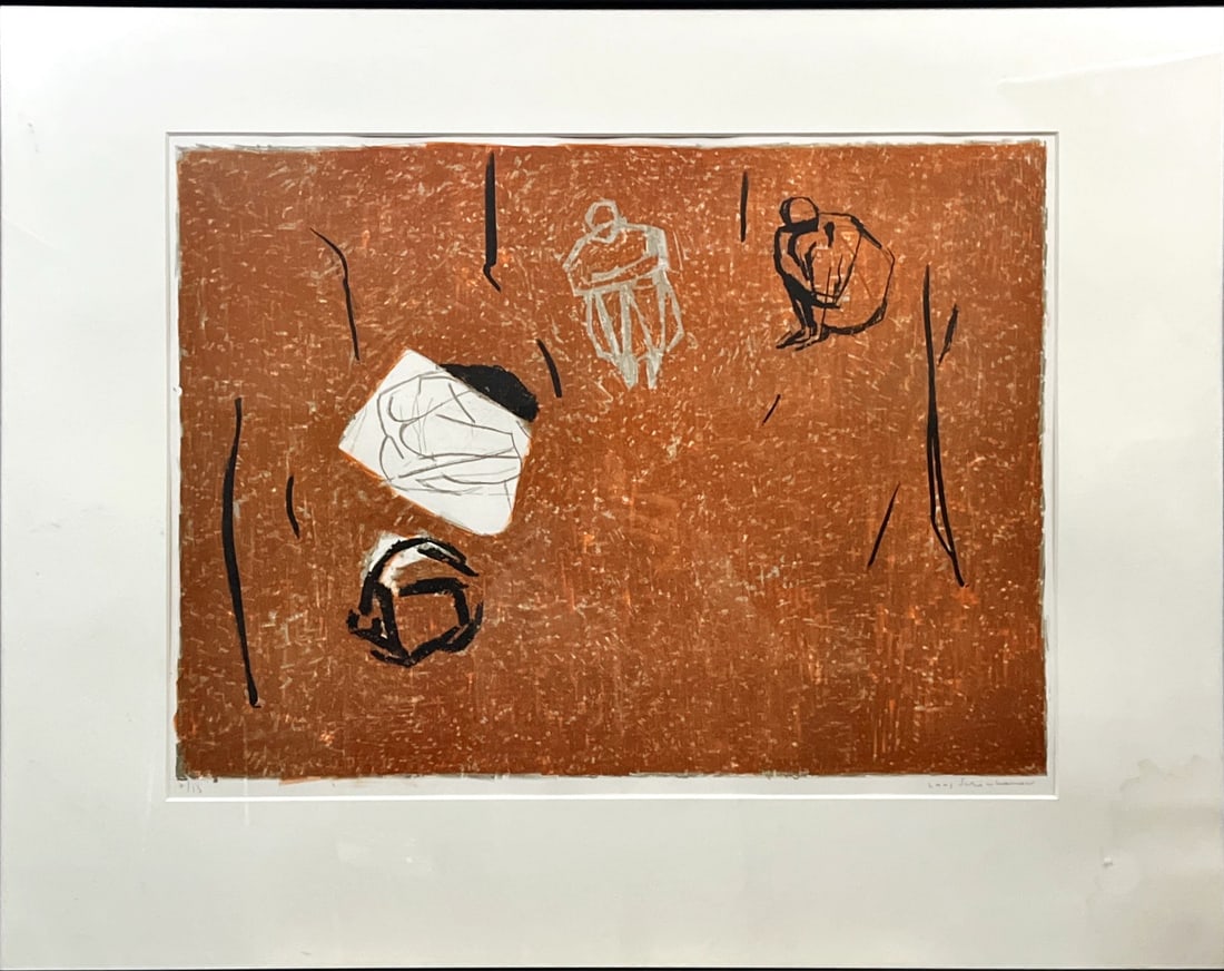 Expressionist and symbolic lithograph in earth tones - Hand-signed: Great Lithograph, abstract in earthy tones. The work is expressionist and symbolic. It prioritizes mood, texture, and suggestion over clear narrative. It features a textured reddish-brown background,