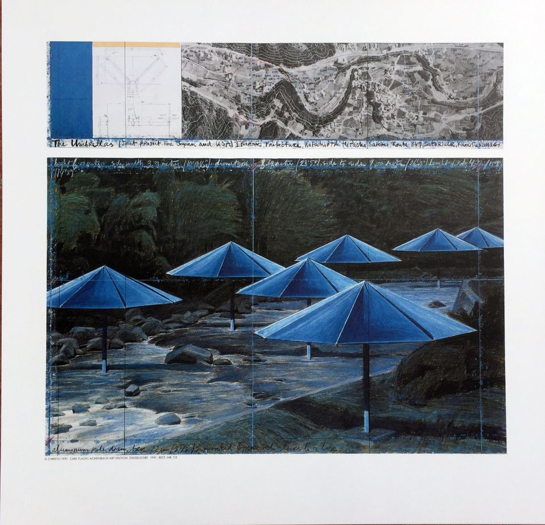 Christo - Blue Umbrellas - Serigraph: Very nice Affiche of Christo, really a collector's item.Christo Vladimirov Javacheff (1935–2020) and Jeanne-Claude Denat de Guillebon (1935–2009), known as Christo and Jeanne-Claude, were artists