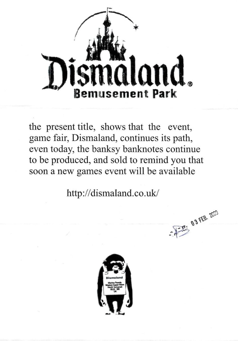 Banksy - Banknote 10 Bolivares with artist's stamp Dismaland 2015 in Acrylblock Frame - 4