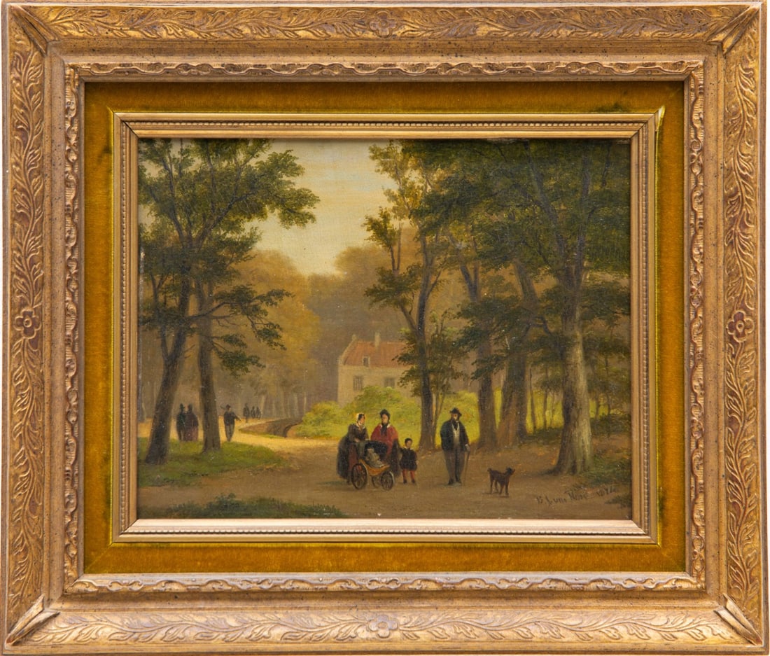 Bartholomeus Johannes van Hove - Oil Painting on Panel - Hand signed: Title: Family stroll, Oil painting on canvas, hand-signed by the artist. Fully Framed. Important extra: A letter from the artist and his wife to good friends, dated 's-Gravenhage 12 juni 1874', is