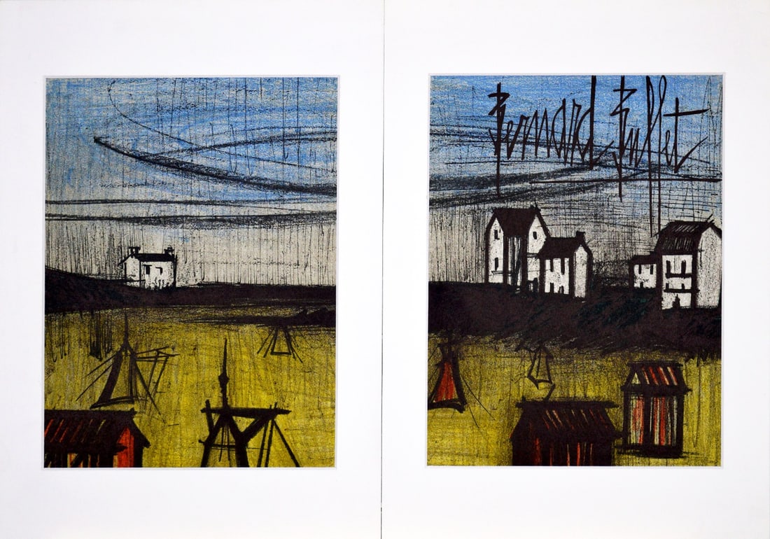 Buffet, Bernard - Lithograph.: Bernard Buffet ( (1928-1999) (after) La Plage, diptych. Lithograph on vellum Acropole. From the catalogue of lithographs 1952 - 1966 . Signature imprime. There is printed text on verso. In passe