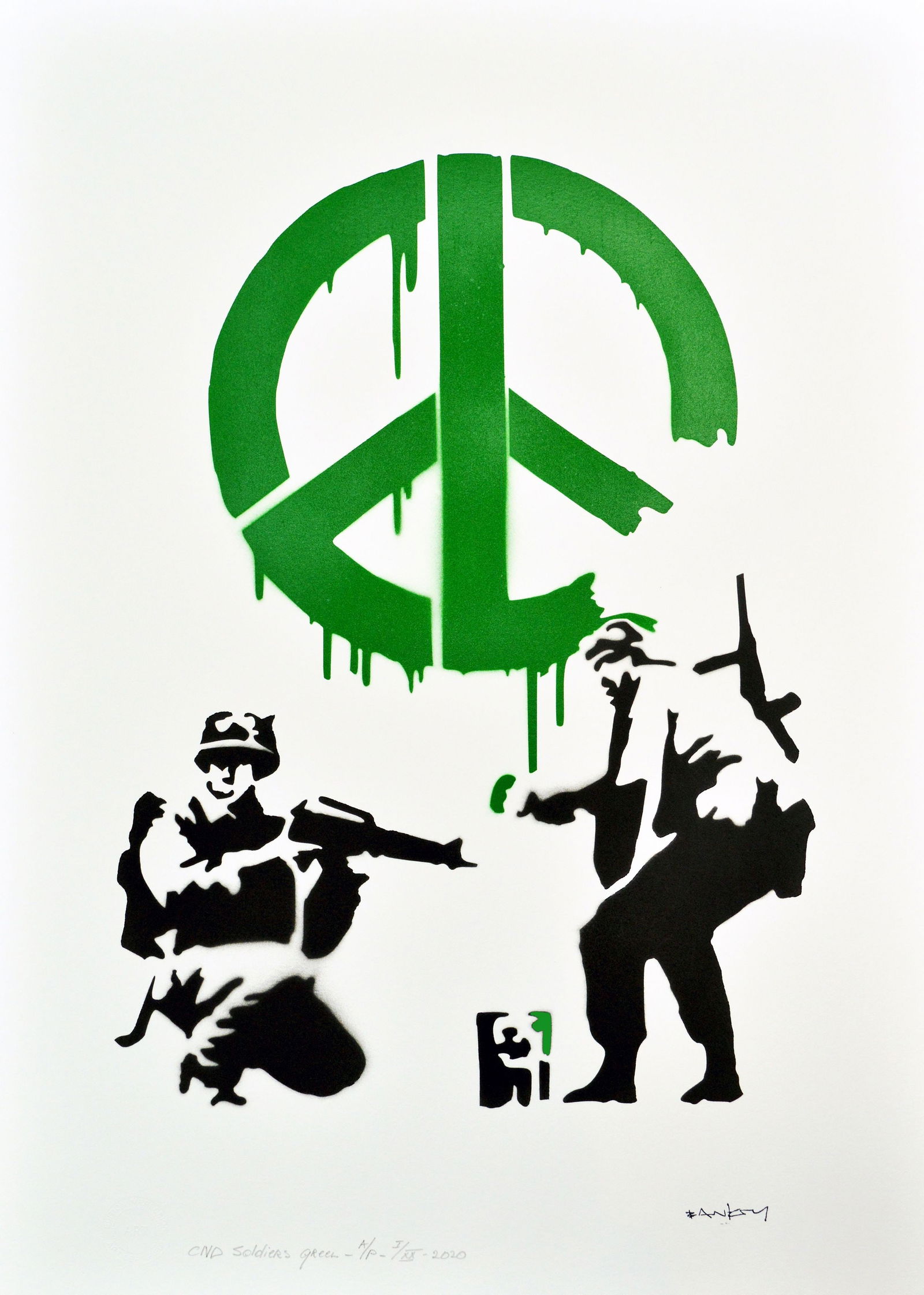 Banksy, after - Stencil / Spray.: Title: CND Soldiers Green . Banksy, after. Stencil/Spray. StreetArt. Edition: A/P (Artist Proof) Random/XX. Comes with Signed COA card of the Publisher. Signature imprimée (signed in plate). With pen