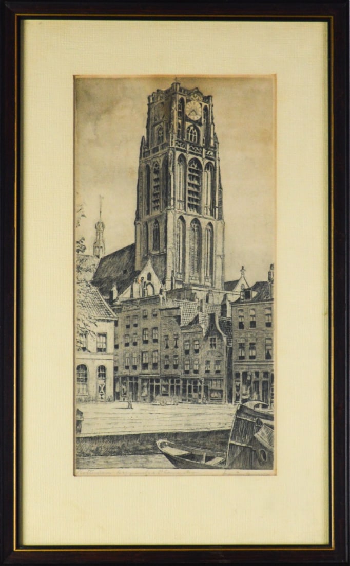 Laurenskerk Rotterdam - Etching - Hand-signed: Title: Laurenskerk in Rotterdam. Etching of a Dutch painter. Hand-signed and titled with pencil. Dutch School.Complete framed with original frame, glass and passe-partout.Comes from the collection of