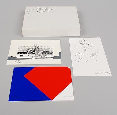 Graphic 300th anniversary of the Royal Academy of Art in The Hague: Complete serie in a box with 3 graphic works of art, designers Richard Rogers, Willem de Kooning and Bob Bonies, published by the Academy of Fine Arts in The Hague on the occasion of the 300th