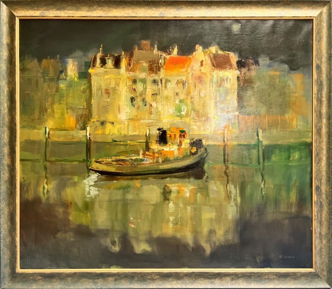 Suringh, Beer - Oil Painting: This atmospheric oil painting by Dutch artist Beer Suringh captures a serene canal scene, rendered in rich, expressive brushstrokes. A moored boat takes center stage, reflected gently in the still
