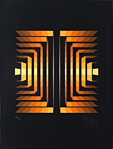 Jean-Pierre Vasarely - Silkscreen - Hand signed: Jean-Pierre Vasarely 1934-2002Beautiful, characteristic composition by Jean-Pierre Vasarely (pseudonym: Yvaral), the son of Victor Vasarely. Serigraph on black paper, hand signed and numbered in