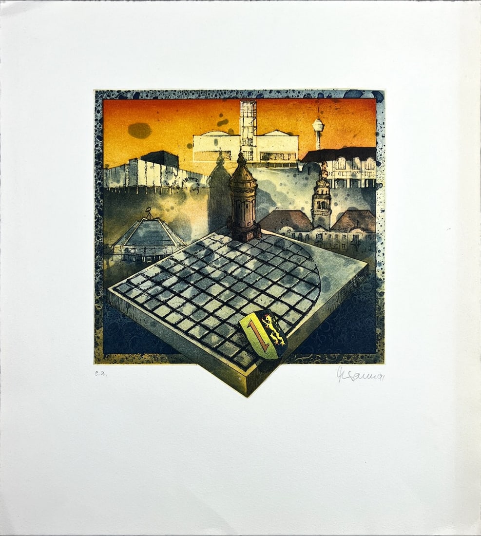 Etching of historic German cityscape - Hand-signed: Artistic interpretation of an old German town, combining real architectural motifs with a dreamlike, floating perspective and graphic design elements. Great Etching print by a German