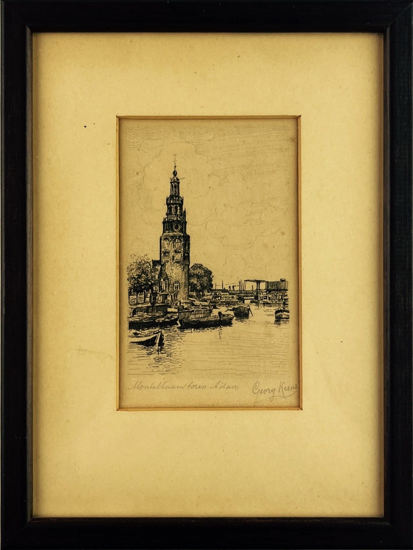 Montelbaanstoren Amsterdam - Lithograph - Hand signed: Title: "Montelbaanstoren in Amsterdam" Great gravure by an undecipherable Dutch artist. Completely framed with passe-partout and glass, in its original frame.