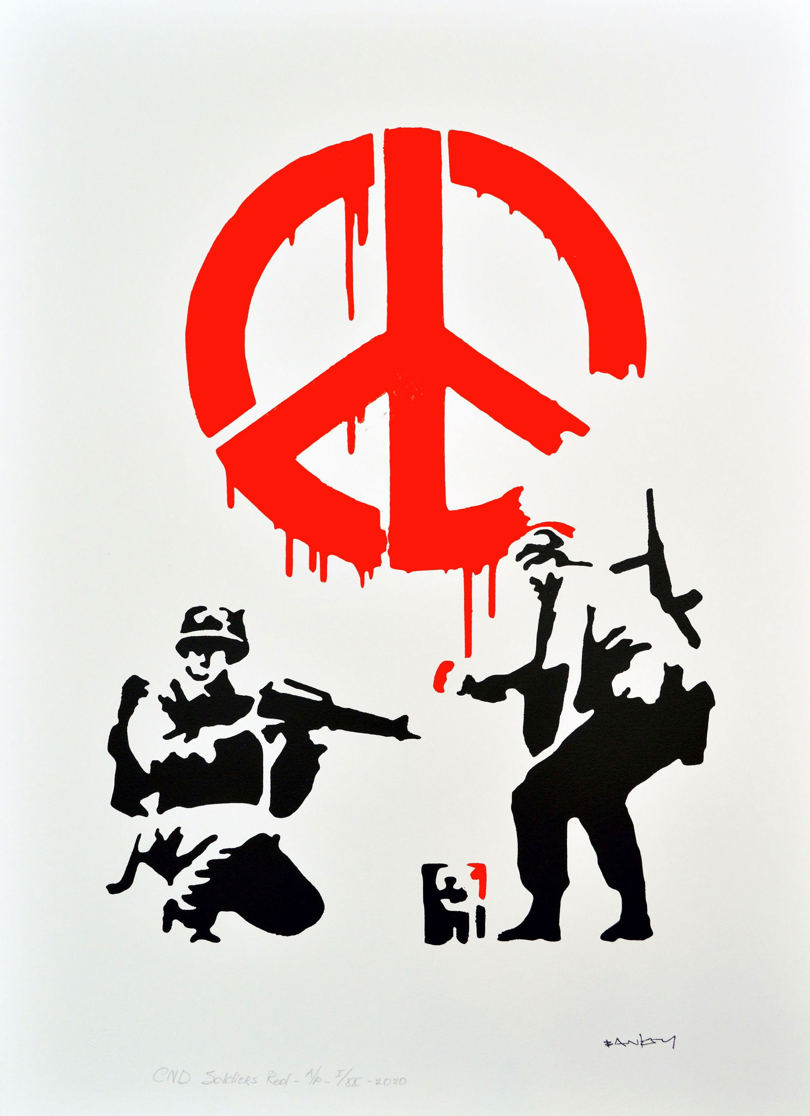 Banksy, after - Stencil / Spray.: Title: CND Soldiers Red. Banksy, after. Stencil/Spray. StreetArt. Edition: A/P (Artist Proof) Random/XX. Comes with Signed COA card of the Publisher. Signature imprimée (signed in plate). With