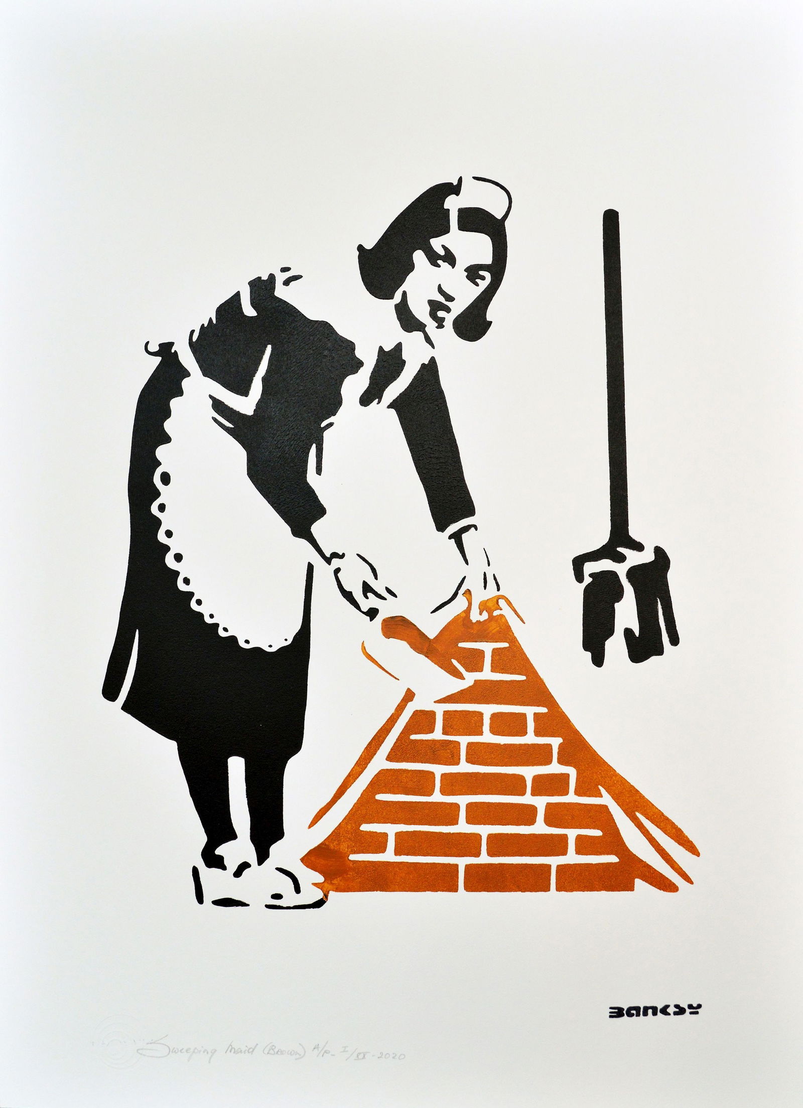 Banksy, after - Stencil / Spray.: Title: Sweeping Maid Brown. Banksy, after. Stencil/Spray. StreetArt. Edition: A/P (Artist Proof) Random/XX. Comes with Signed COA card of the Publisher. Signature imprimée (signed in plate). With