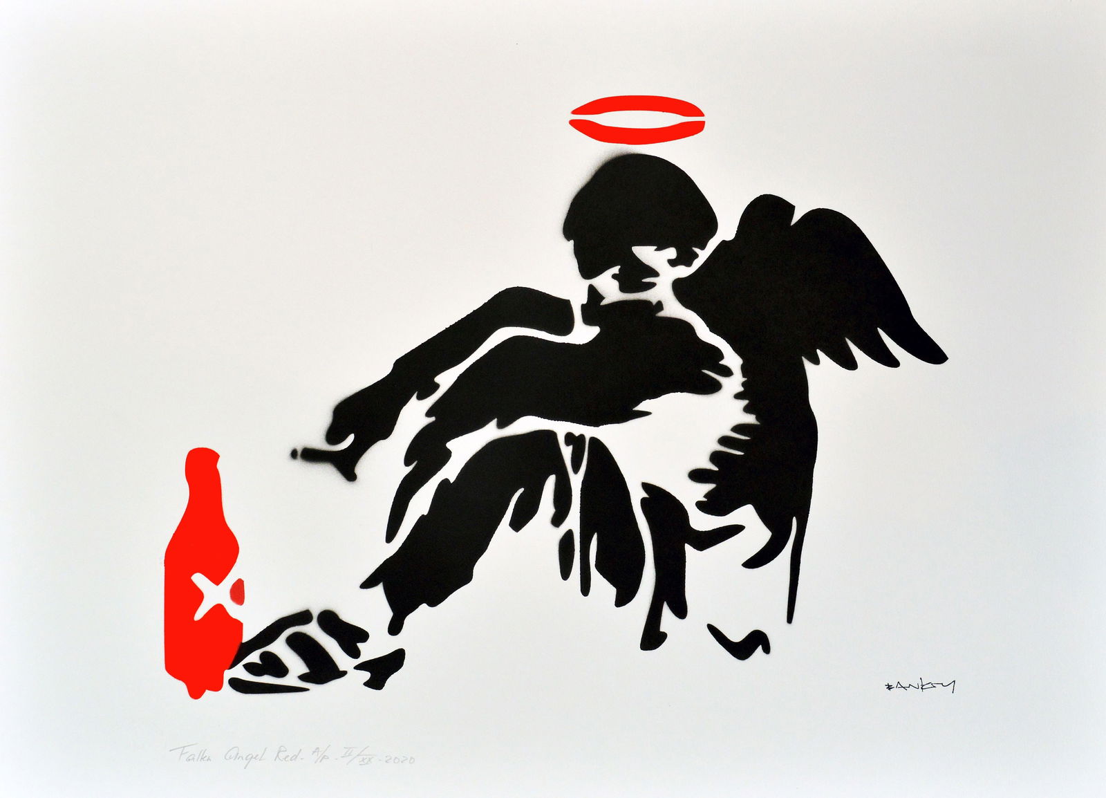 Banksy, after - Stencil / Spray.: Title: Fallen Angel Red. Banksy, after. Stencil/Spray. StreetArt. Edition: A/P (Artist Proof) Random/XX. Comes with Signed COA card of the Publisher. Signature imprimée (signed in plate). With