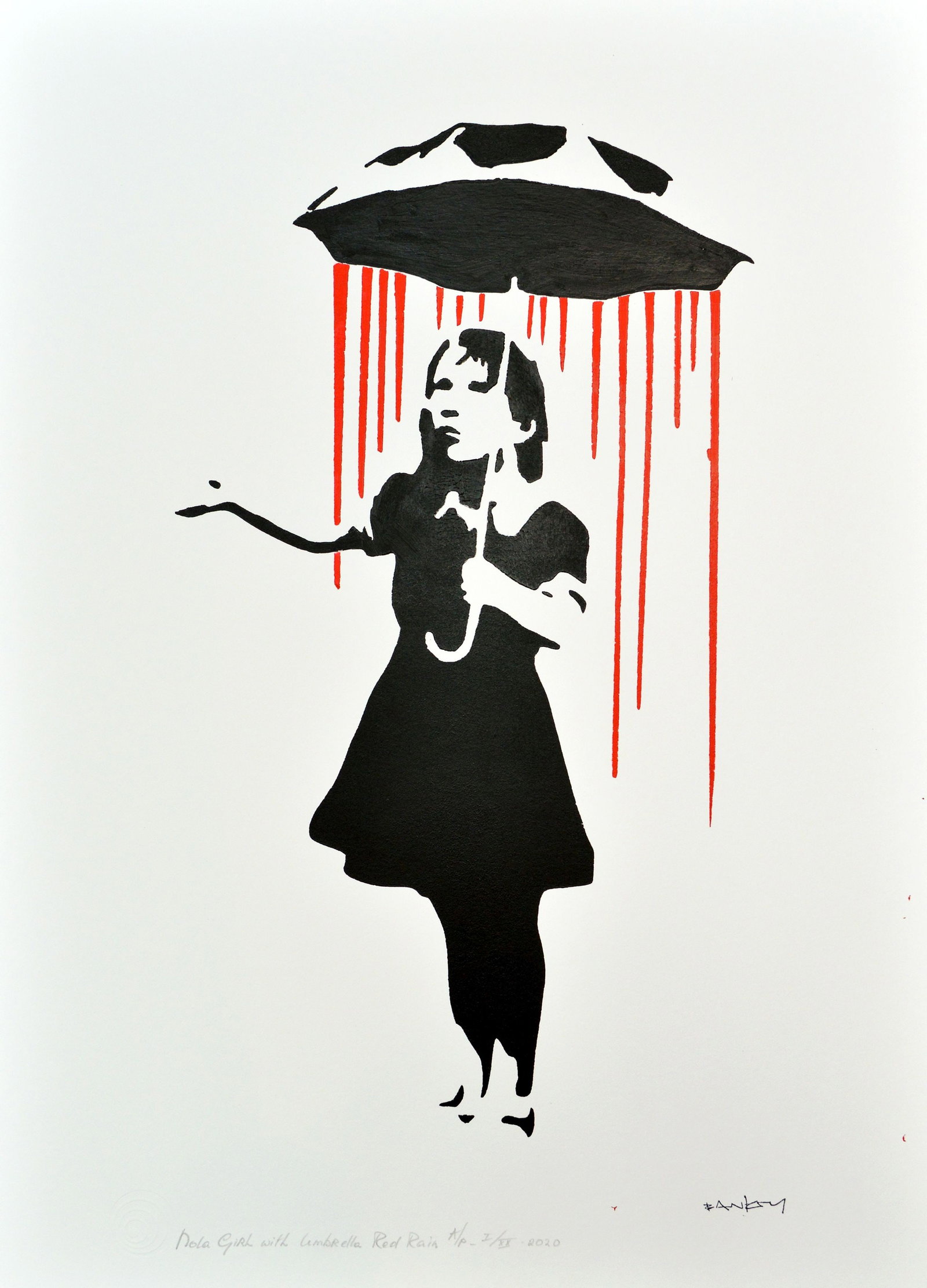 Banksy, after - Stencil / Spray: Title: Nola Girl with Umbrella Red Rain. Banksy, after. Stencil/Spray. StreetArt. Edition: A/P (Artist Proof) Random/XX. Comes with Signed COA card of the Publisher. Signature imprimée (signed in