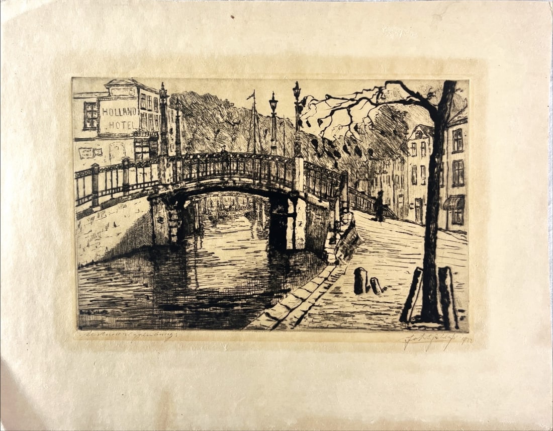Bridge - Etching - Hand signed: Great Etching of a bridge, probably in the Hague, by an unreadable artist. Dutch School.Comes from the collection of the municipality of The Hague, The Netherlands.