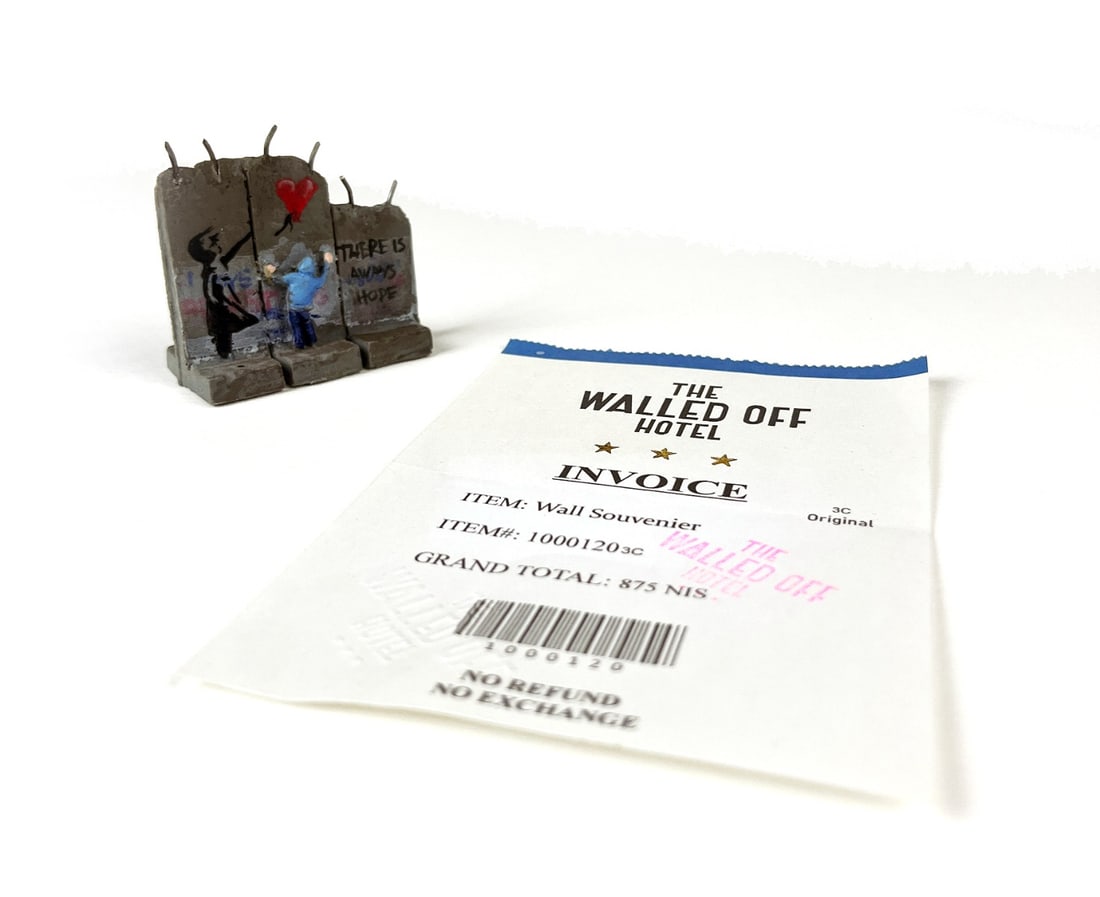 Banksy - Walled Off Hotel - receipt included: BANKSY Sculpture "WALLED OFF HOTEL".Banksy - official Walled off Hotel - Wall section.Banksy Wall Section sculpture, only was available to buy at the Walled Off Hotel and very quickly sold out.Hotel h