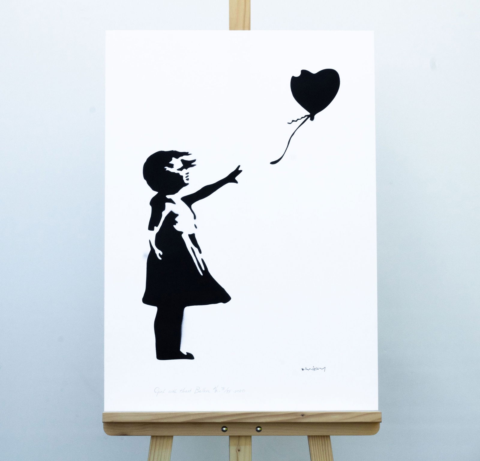 Banksy, after - Stencil / Spray.: Title: Girl with Heart Balloon. Banksy, after. Stencil/Spray. StreetArt. Edition: A/P (Artist Proof) Random/XX. Comes with Signed COA card of the Publisher. Signature imprimée (signed in plate). With