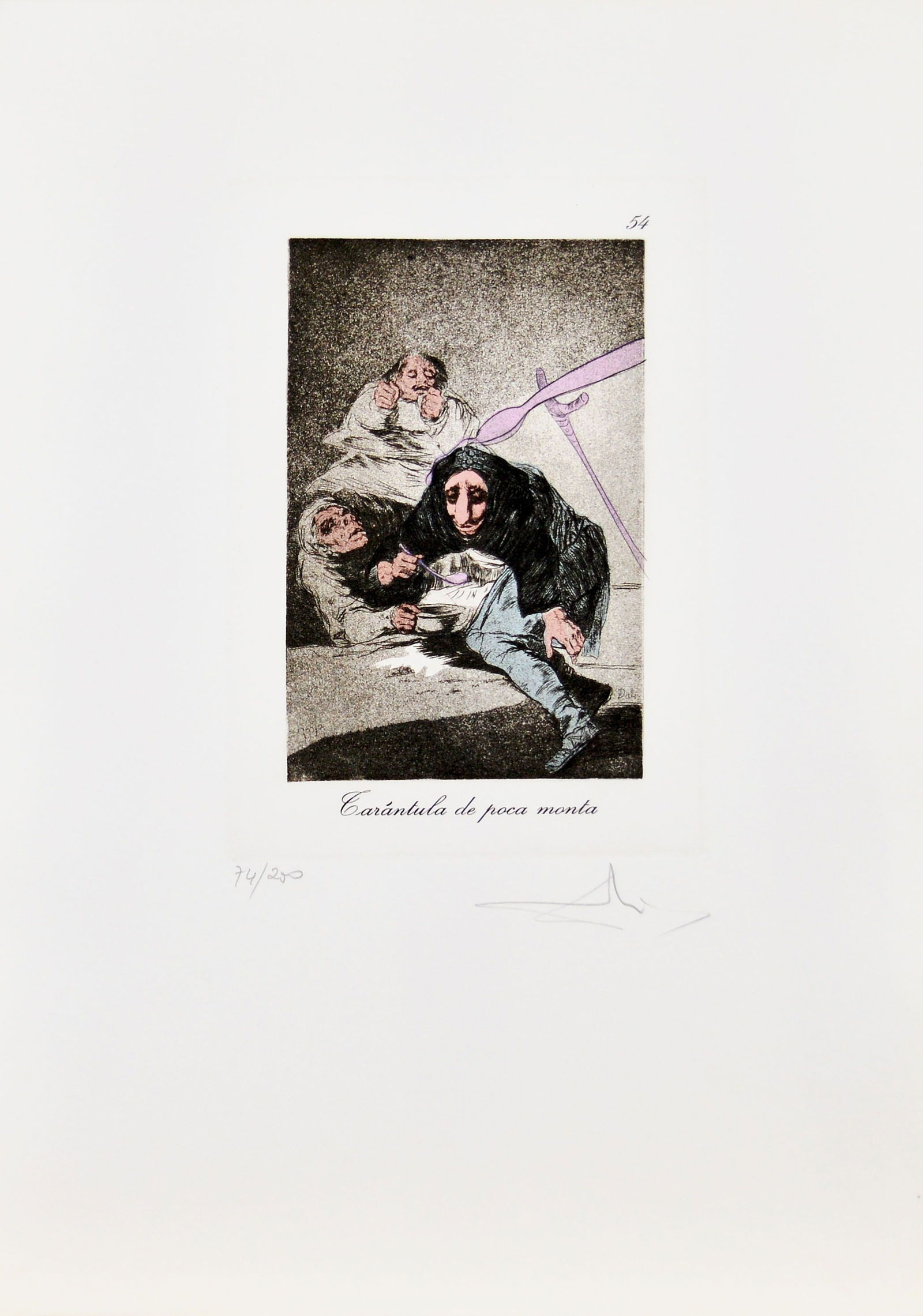 Dalí, Salvador - Etching - Handsigned: Hand-Signed. Edition: 74/200. Les Caprices de Goya. No. 54. Tarantula d epoca monta.Capricho de Goya n°54 is an original héliogravure and pochoir, realized by Salvador Dalí in 1977, hand-signed and
