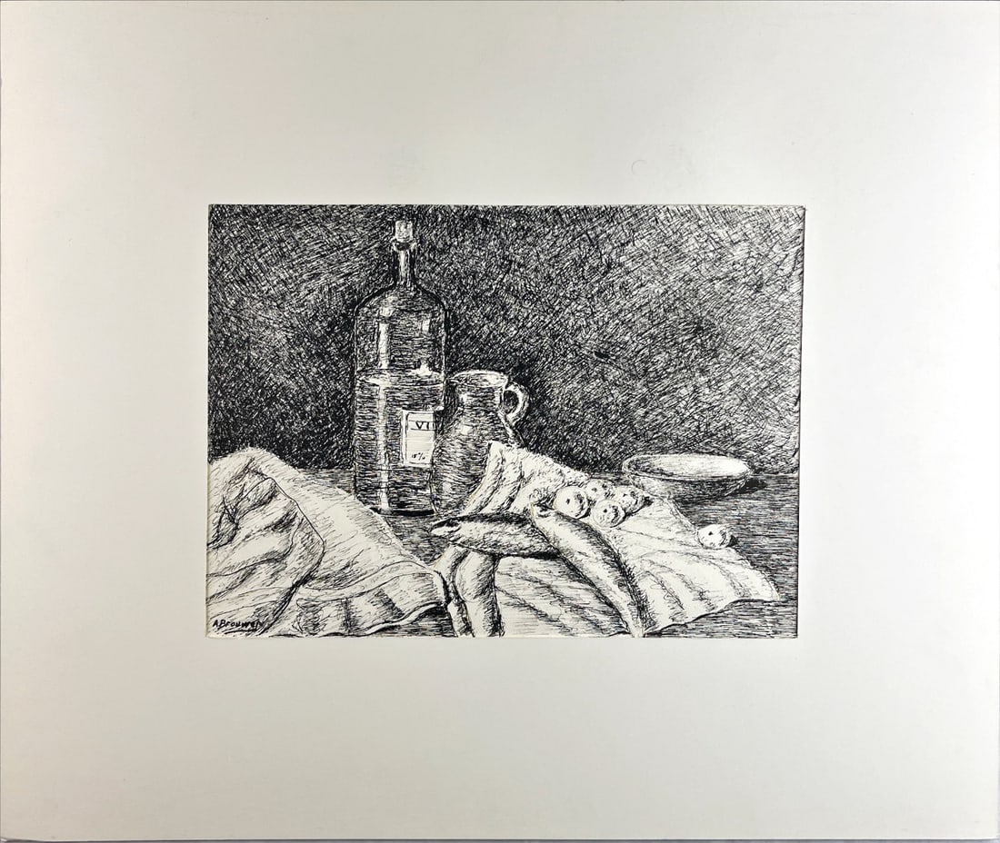 A. Brouwer - Indian Ink Drawing: Still life, Indian ink drawing on hand-made paper. Hand-signed by A. Brouwer. Comes with passe-partout.Comes from the collection of the municipality of The Hague, The Netherlands.