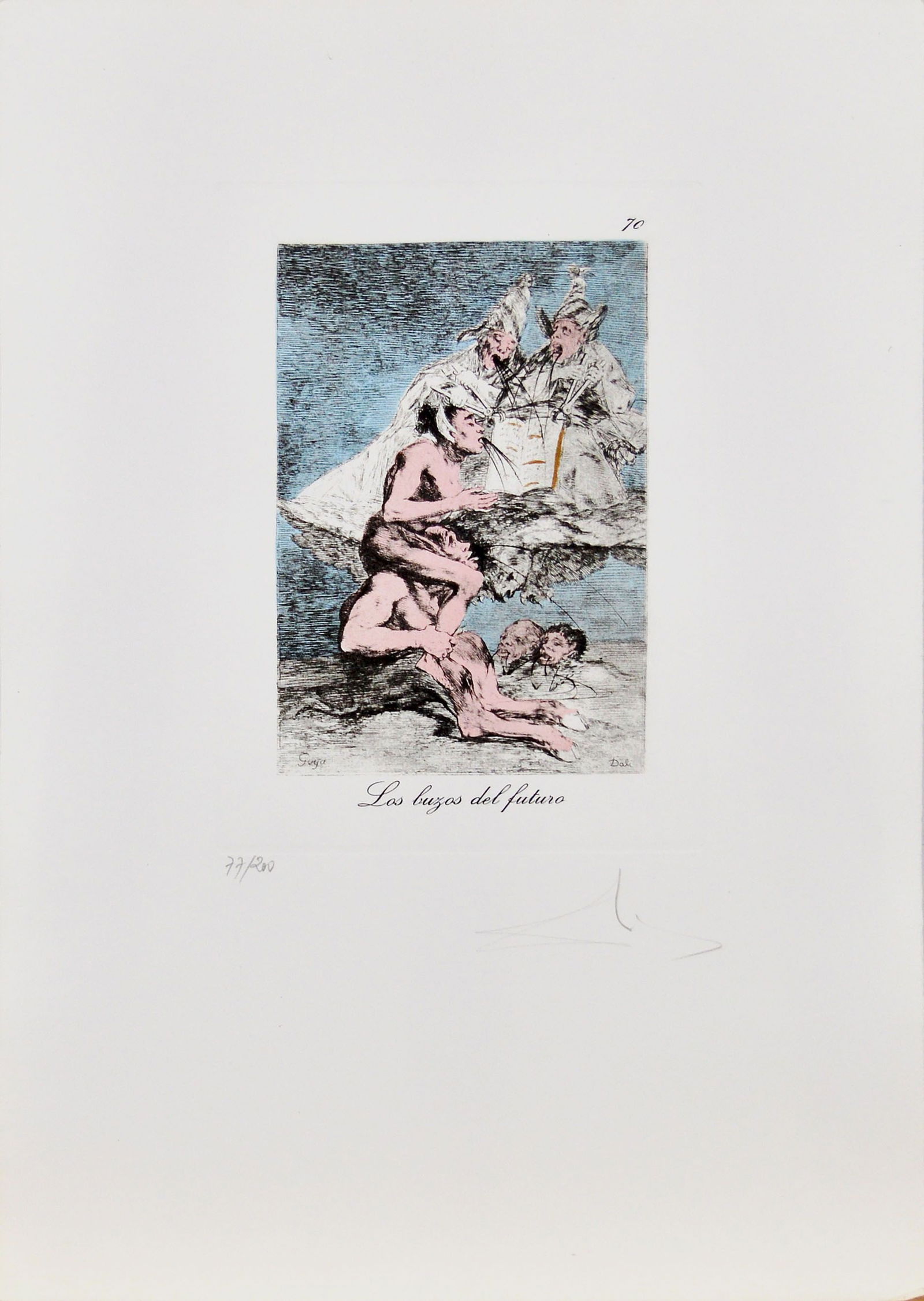 Dalí, Salvador - Etching - Handsigned: Hand-Signed. Edition: 77/200. Les Caprices de Goya. No. 70. Los buzos del futuro.Capricho de Goya n°70 is an original héliogravure and pochoir, realized by Salvador Dalí in 1977, hand-signed and nu