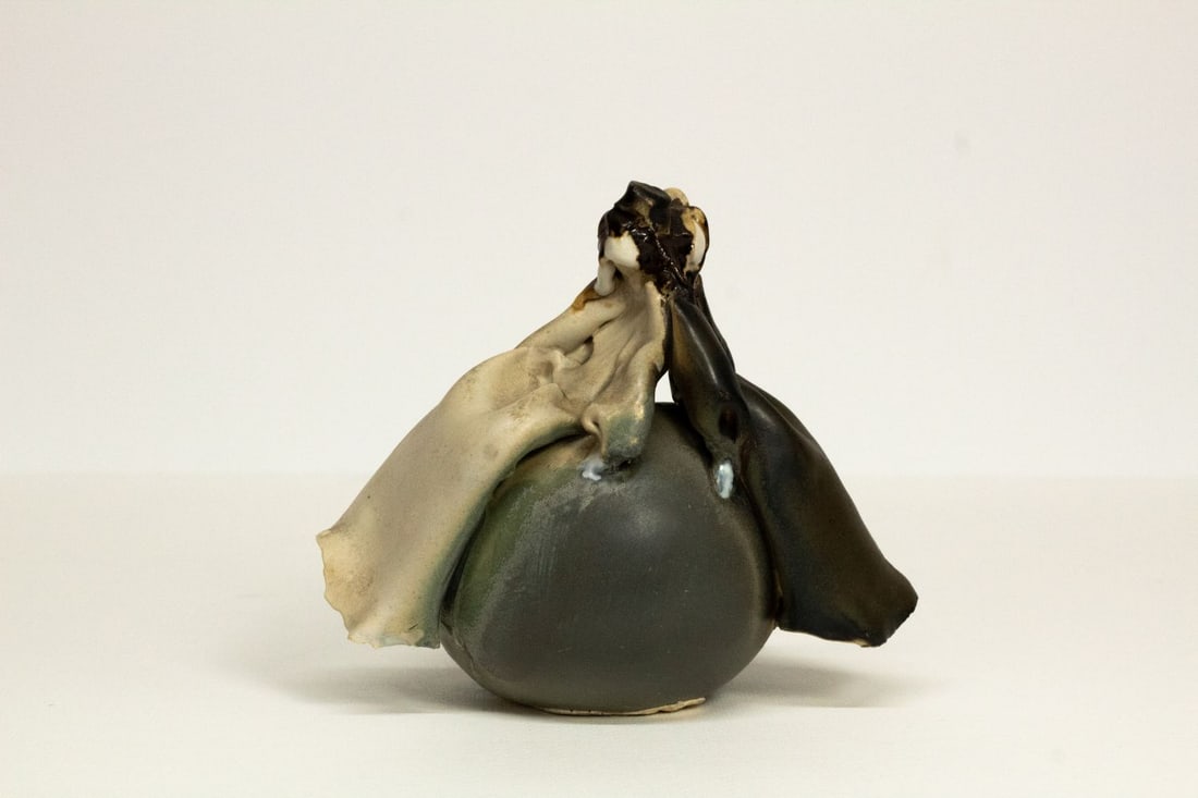 Ceramic vase - Polish Artist: Back to Back, Unknown Polish Artist – A unique ceramic vase from the 1970s, crafted in Poland. The piece features an organic spherical base with flowing sculptural forms rising upward, creating a dy
