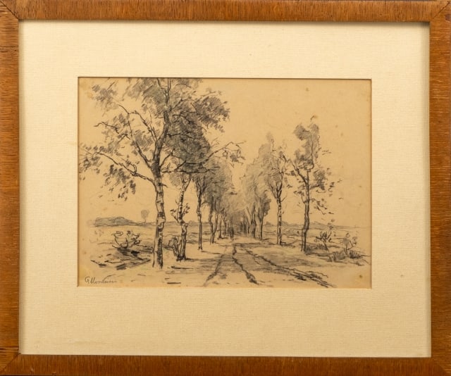 Frits Mondriaan - Charcoal Drawing - Hand signed: Title: "Landweg met bomenrij", which translates into ""Country road with a row of trees." Charcoal Drawing, on handmade paper. Complete with the original frame. Hand signed by the artist.