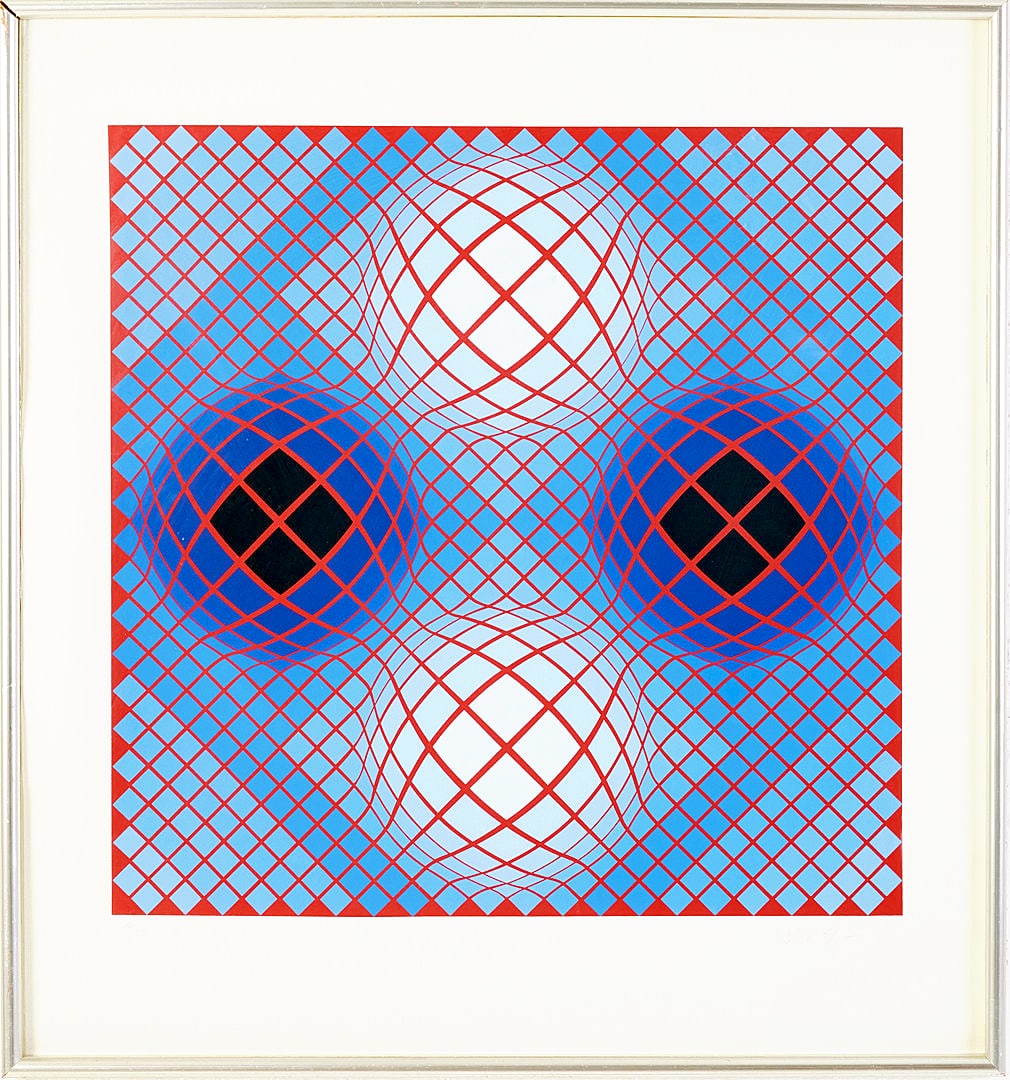 Vasarely, Victor - Hand-Signed. Lithograph.: Hand-Signed and numbered. Completely framed with Passe-Partout and glass.Frame has slight damage.Victor Vasarely (1906-1997) was a Hungarian French artist whose work is generally seen as aligned with