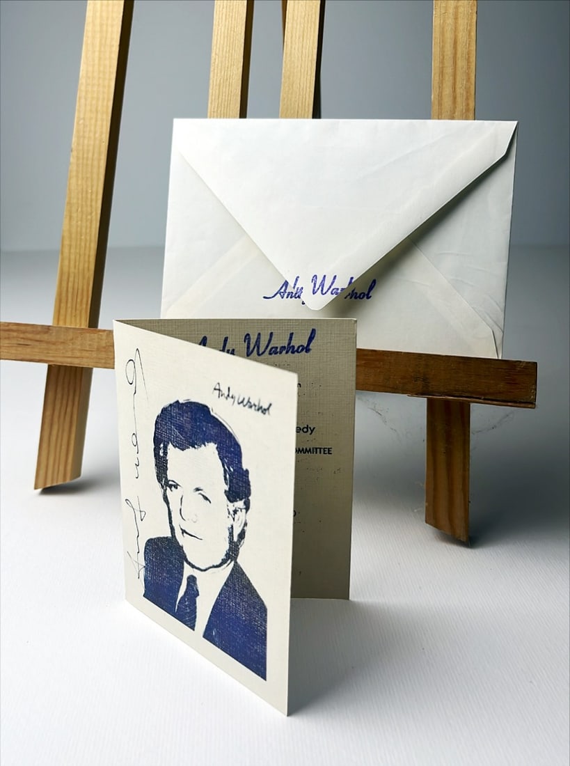 Andy Warhol - Exhibition invitation card or silkscreens print of Senator Edward Kennedy - Hand: A True Memorabilia & collectibles of Andy Warhol a Exhibition invitation card or silkscreens print of Senator Edward Kennedy with envelope.Hand signed