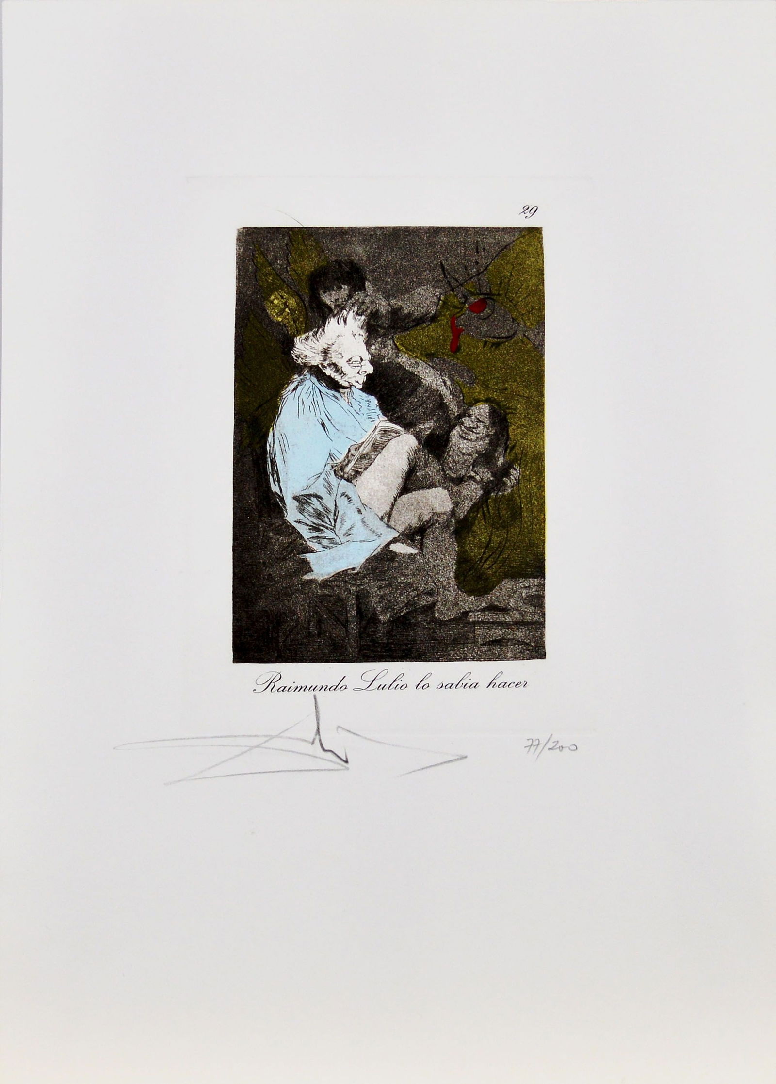 Dalí, Salvador - Etching - Handsigned: Hand-Signed. Edition: 77/200. Les Caprices de Goya. No. 29. Raimundo Lulio lo sabia hacer.Capricho de Goya n°29 is an original héliogravure and pochoir, realized by Salvador Dalí in 1977,