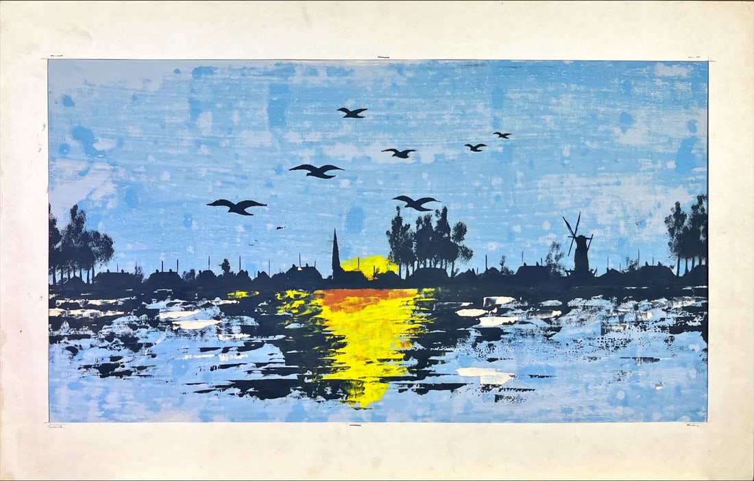 Dutch landscape with windmill - Acrylic Painting on paper: Onknow Dutch ArtistAcrylic painting on paper