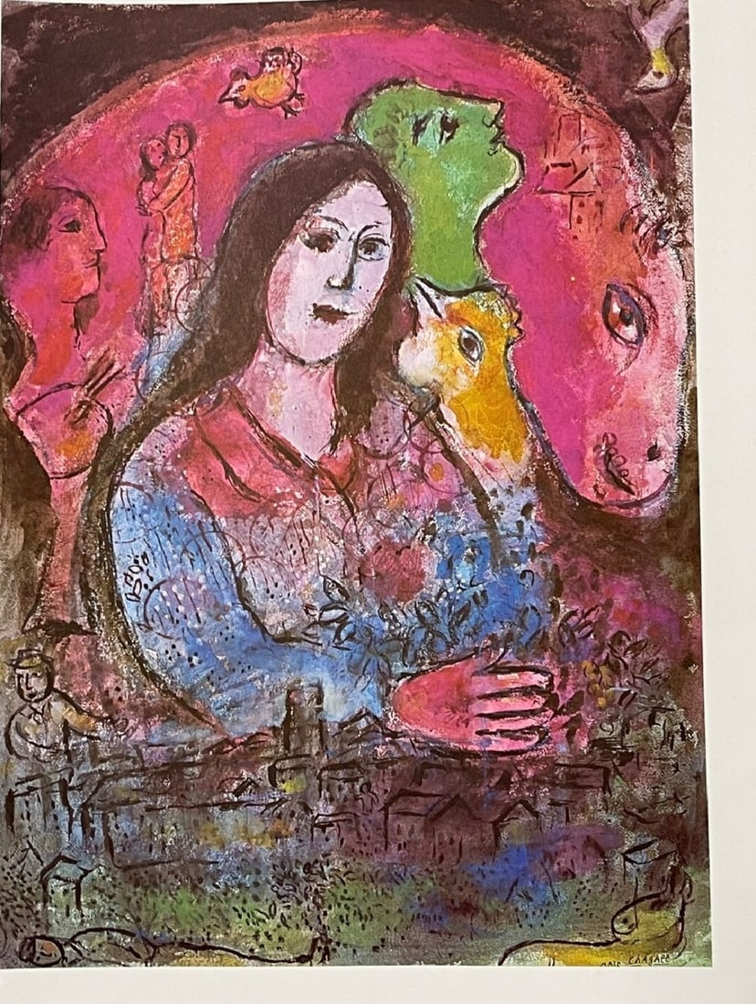 Marc Chagall - Derriere le Miroir No. 225 - 1977 - Signed: Marc Chagall - THE ARTIST IN RED from Derriere le Miroir 225-1977Signed in the plateVery rarely lithograph of Derrière le Miroir n°225, published in 1977 Editor and publisher of The Maeght Gallery,