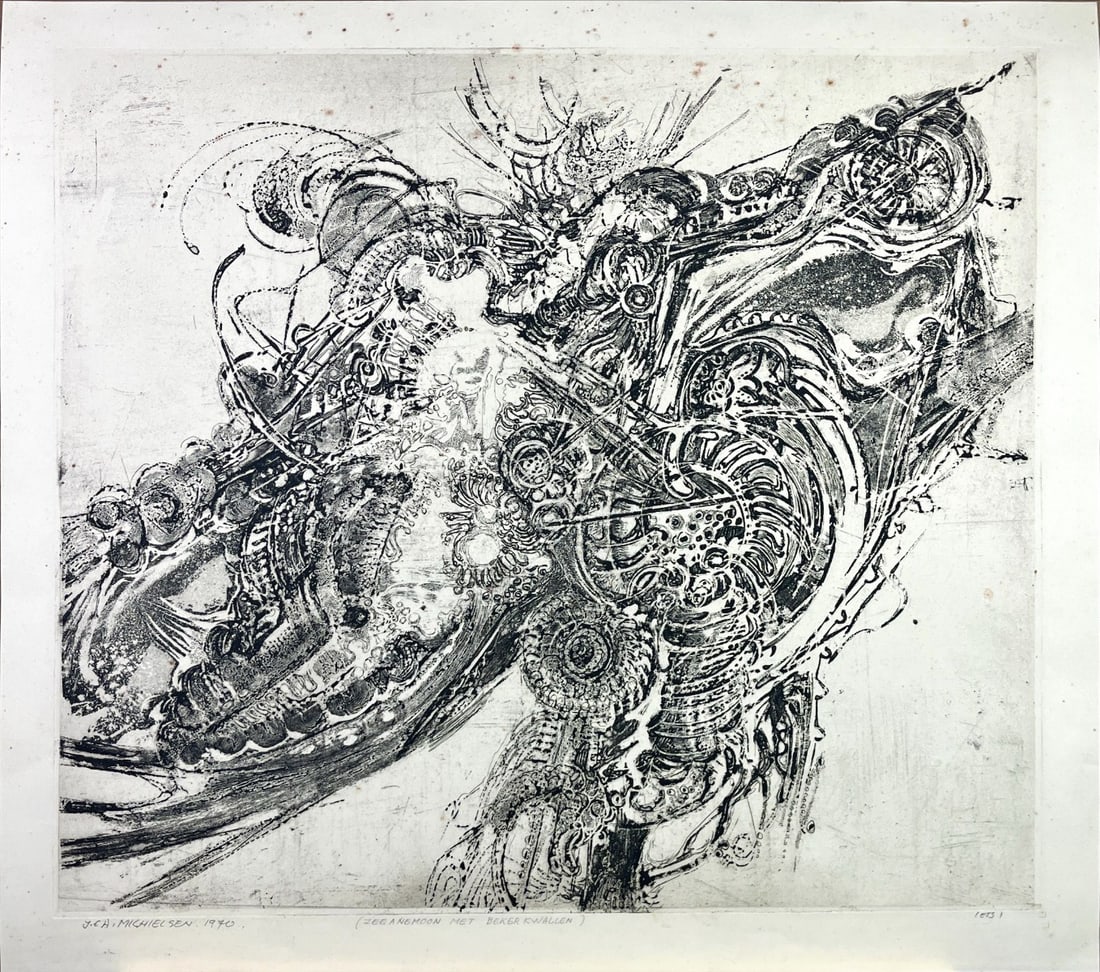 Jan (J.C.A.) Michielsen - Etching - Hand-signed: "Zeeanemoon en bekerkwallen" (sea anemone and stalked jellyfishes), etching on handmade paper by Jan Michielsen (1939-2010)Jan Michielsen was a Dutch graphic artist and painter. Jan Michielsen