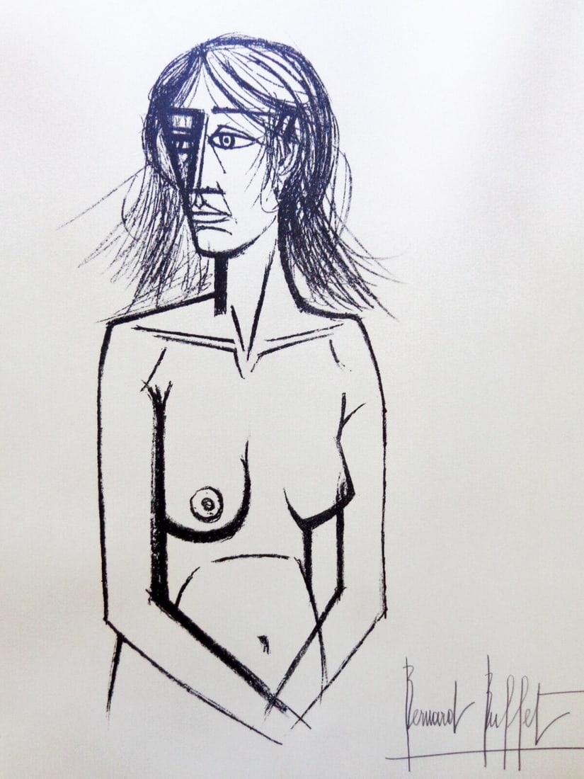 Bernard Buffet - Lithograph - Hand signed: Bernard Buffet - Lithograph on heavy weight handmade paper - Handsigned with pencil. Numbered with H.C. (Hors Commerce).Clean paper. Lightly tanned, some water spots at lower left, (framed with