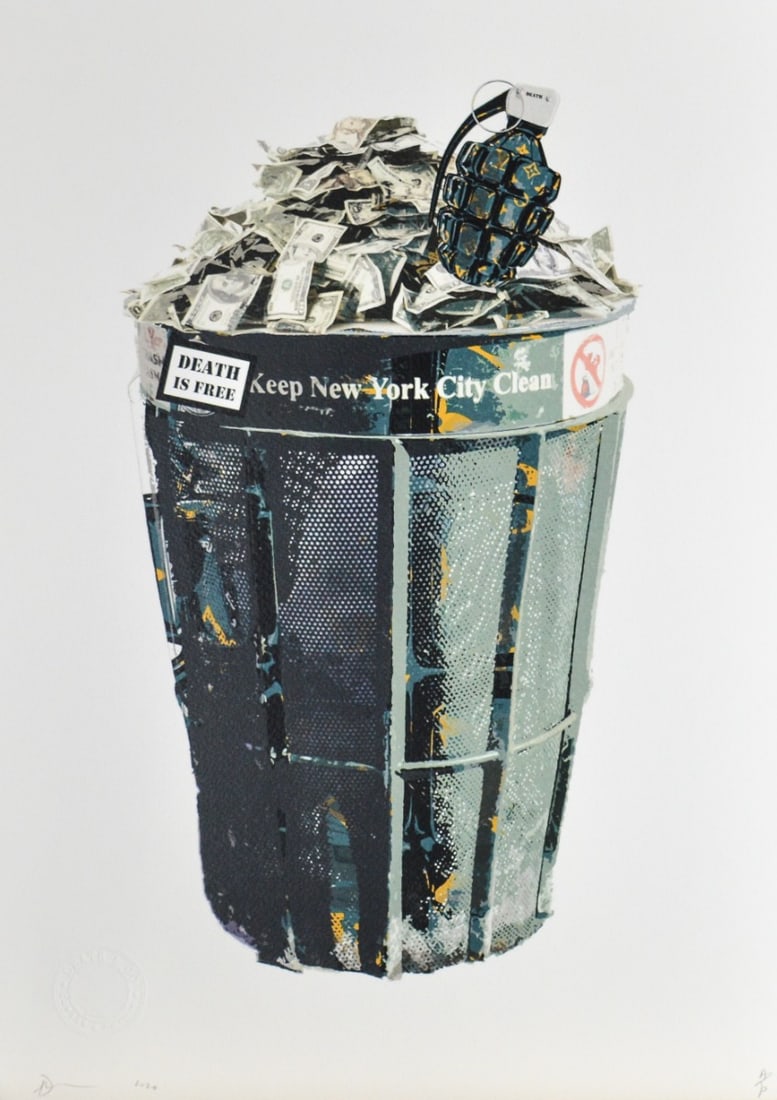 Death NYC - New York Bomb Money Garbage: Hand signature by the Artist. Original certificate and golden seal included. DEATH NYC's artwork featured in galleries and streets around the world. Recently also featured in the Google Glass