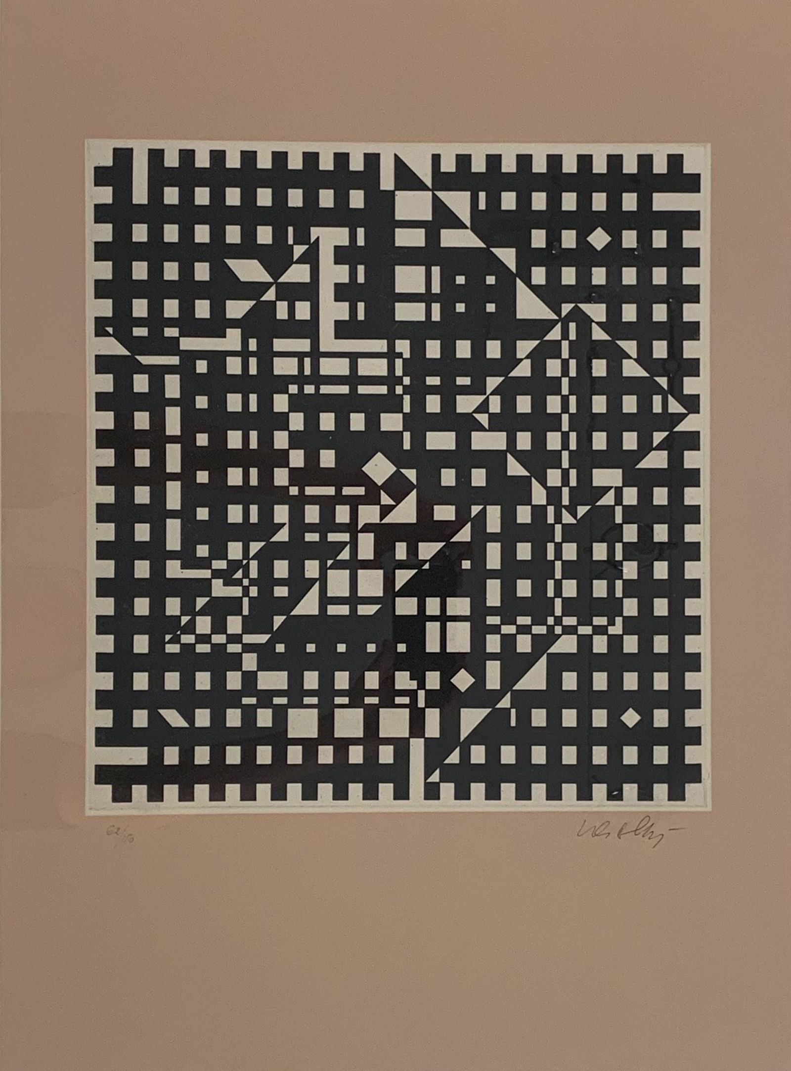 Vasarely, Victor - Hand-Signed. Etching.: Hand-Signed by the Artist. The frame (brown/beige) is screen printed, the inner part (black geometric part) is etched.