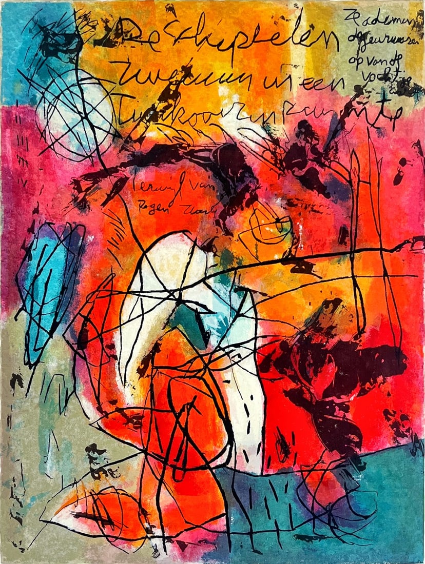 Mohamed Quraish - Silkscreen - Handsigned: The artwork titled "De Schepselen" was created by Mohamed Quraish using silkscreen on handmade paper. The piece is signed by the artist, featuring both his signature and the notation "E.A.,"