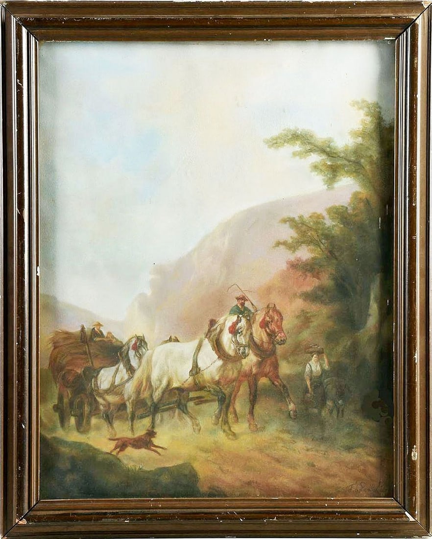 Franz de Paula Ferg - Pastel drawing - Handsigned: Hooiwagen in Berglandschap, Franz de Paula Ferg (Austria) – A delicate pastel drawing on fine art paper, hand-signed by the artist. The composition presents a rustic hay cart set against a
