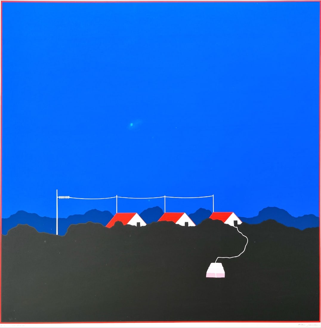Jansen, Han - Silkscreen: This striking silkscreen by Han Jansen showcases his signature minimalist style, blending bold color fields with geometric clarity. Set against a deep blue sky, a row of white houses with red roofs li