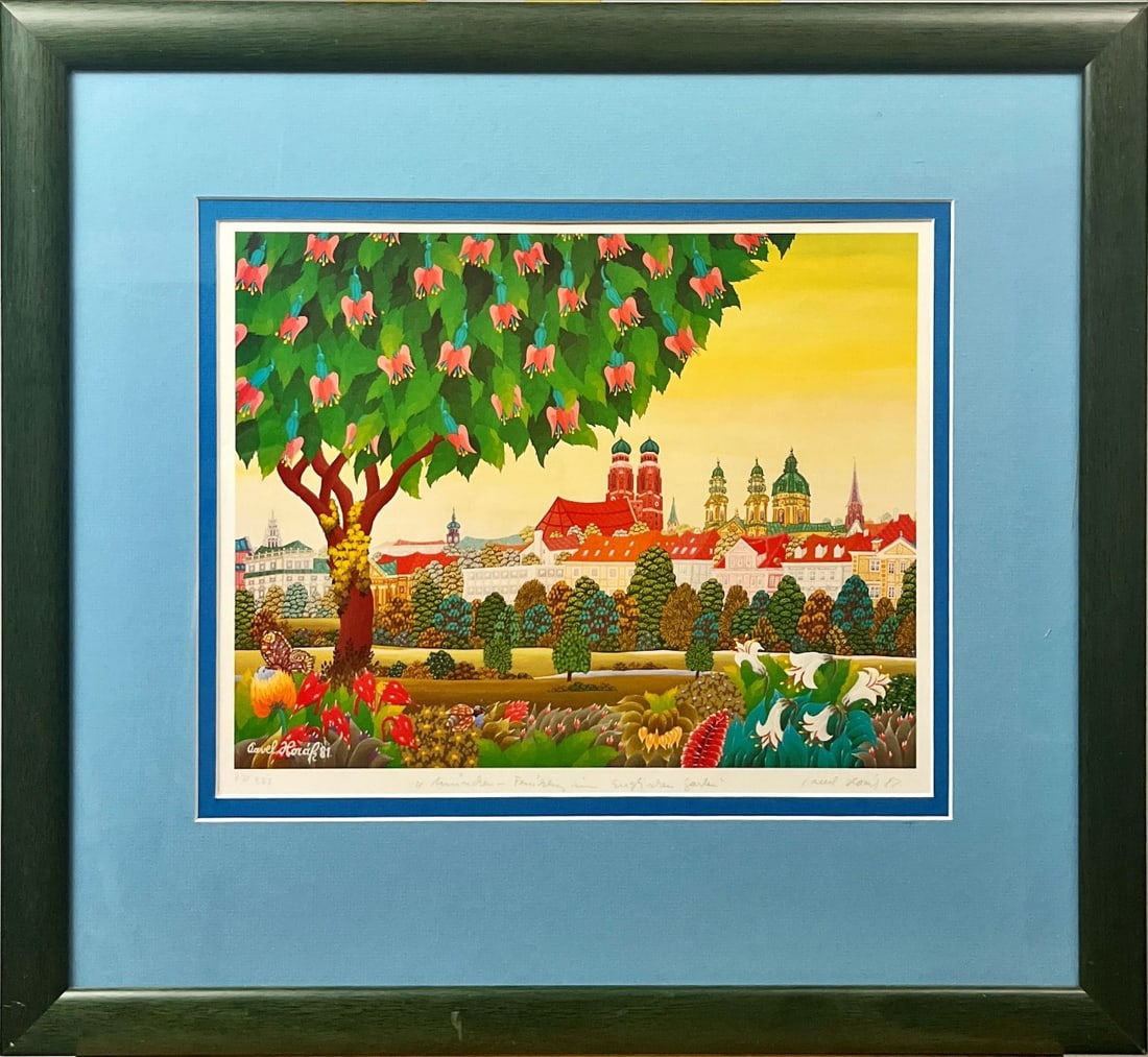 Pavel Horák - Lithograph - Munich Garden: Pavel Horák 1934Original complete frame with passe-partout and glass.He was born in 1934 in Prague (Czechoslovakia).From 1952 to 1968, deputy director of Barrandov Film Prague.Czech artist from Pragu
