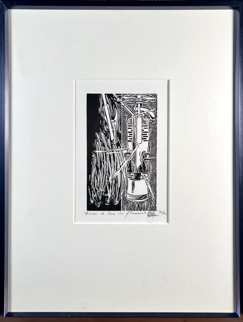 La base des Flammes - Linocut - Hand-signed: "La base des Flammes" Hand-signed, titled and numbered in pencil by the Artist. Completely framed and glass.