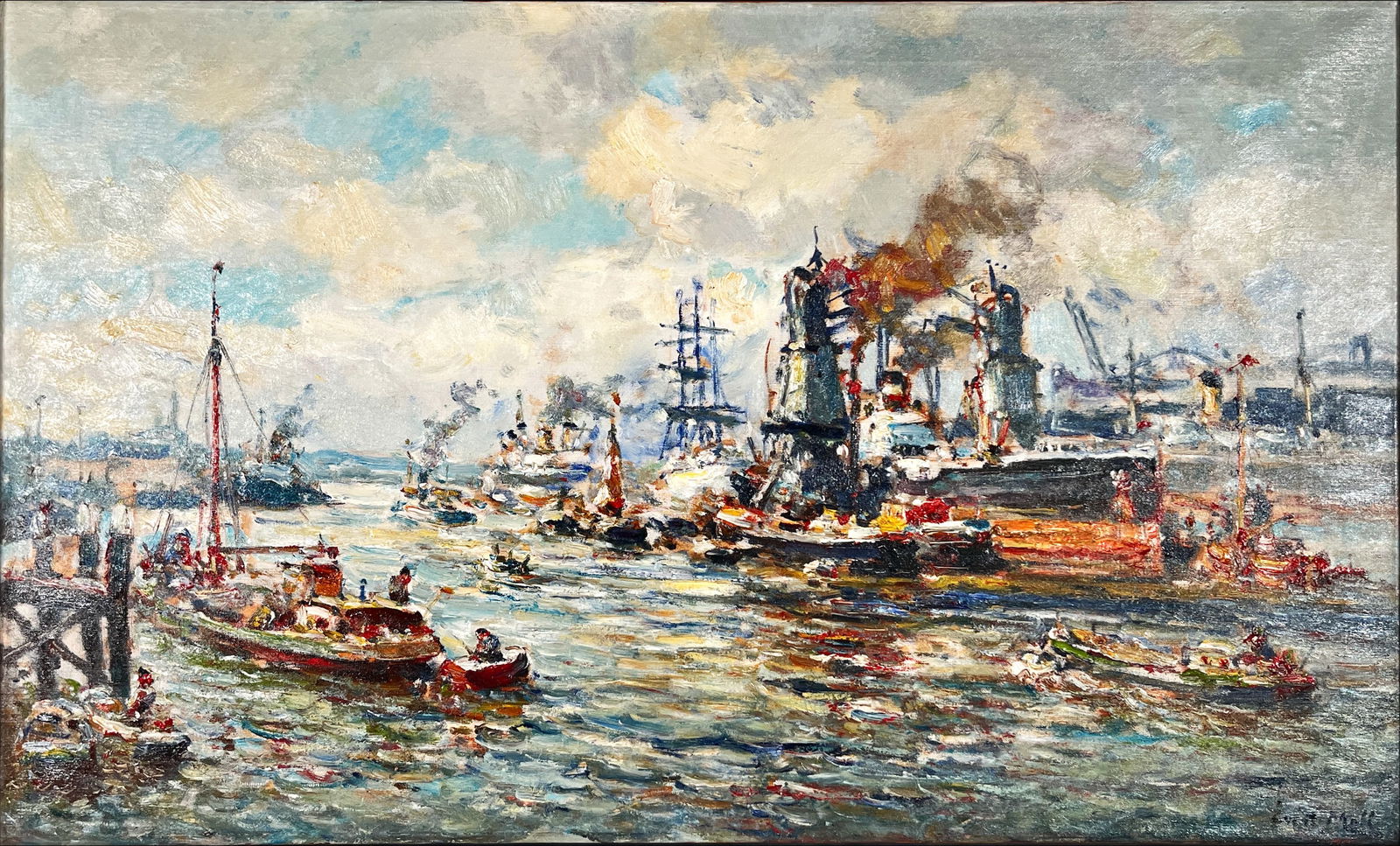 Moll, Evert, View on Harbour Rotterdam - Oil Painting - Hand-signed: Impressionistic harbour view depicting the bustling Port of Rotterdam, executed with lively brushwork and rich impasto. The composition shows numerous vessels navigating choppy waters, from small