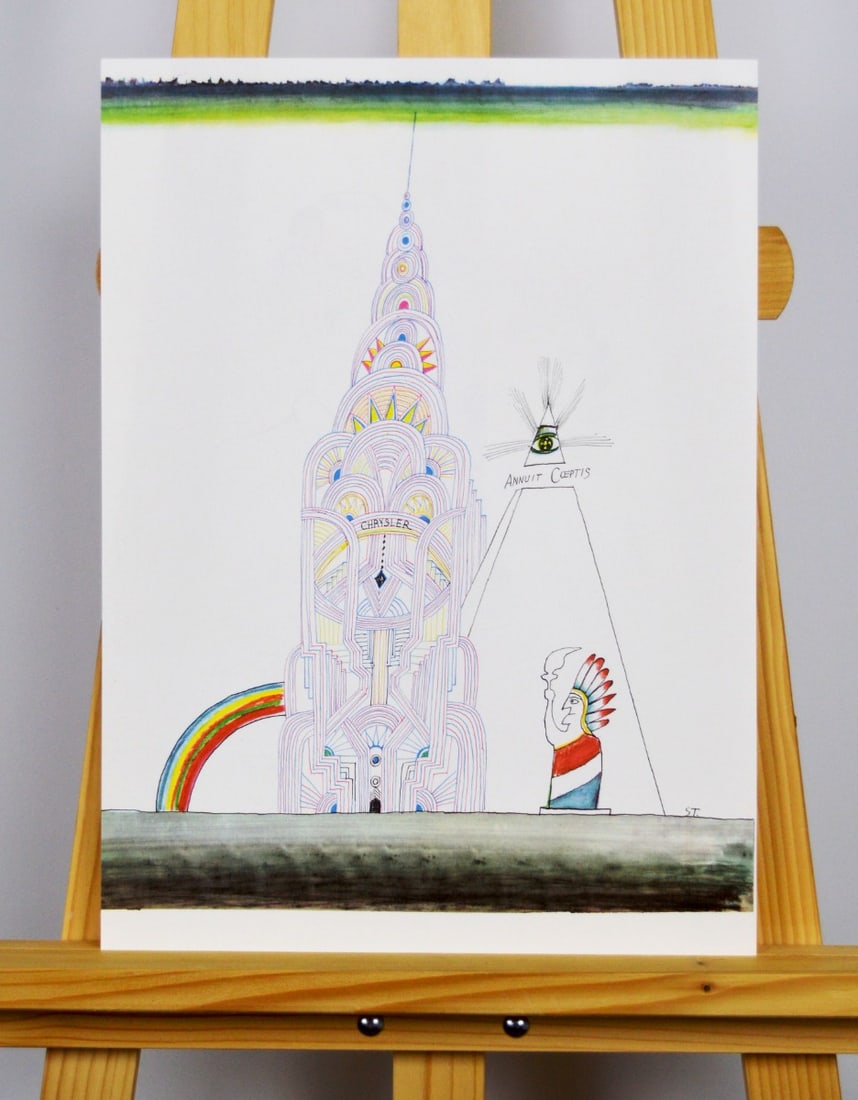 Saul Steinberg - Landscape with Chrysler Building: Saul Steinberg - Stil life with Chrysler Building Original lithograph, Executed for Derriere le Miroir. 1966. Published in Paris by Maeght. On verso Allegorical biography