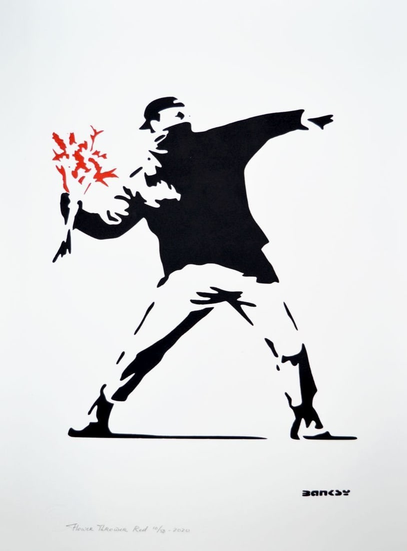Banksy, after - Stencil / Spray.: Title: Flower Thrower Red. Banksy, after. Stencil/Spray. StreetArt. Edition: A/P (Artist Proof) Random/XX. Comes with Signed COA card of the Publisher. Signature imprimée (signed in plate). With