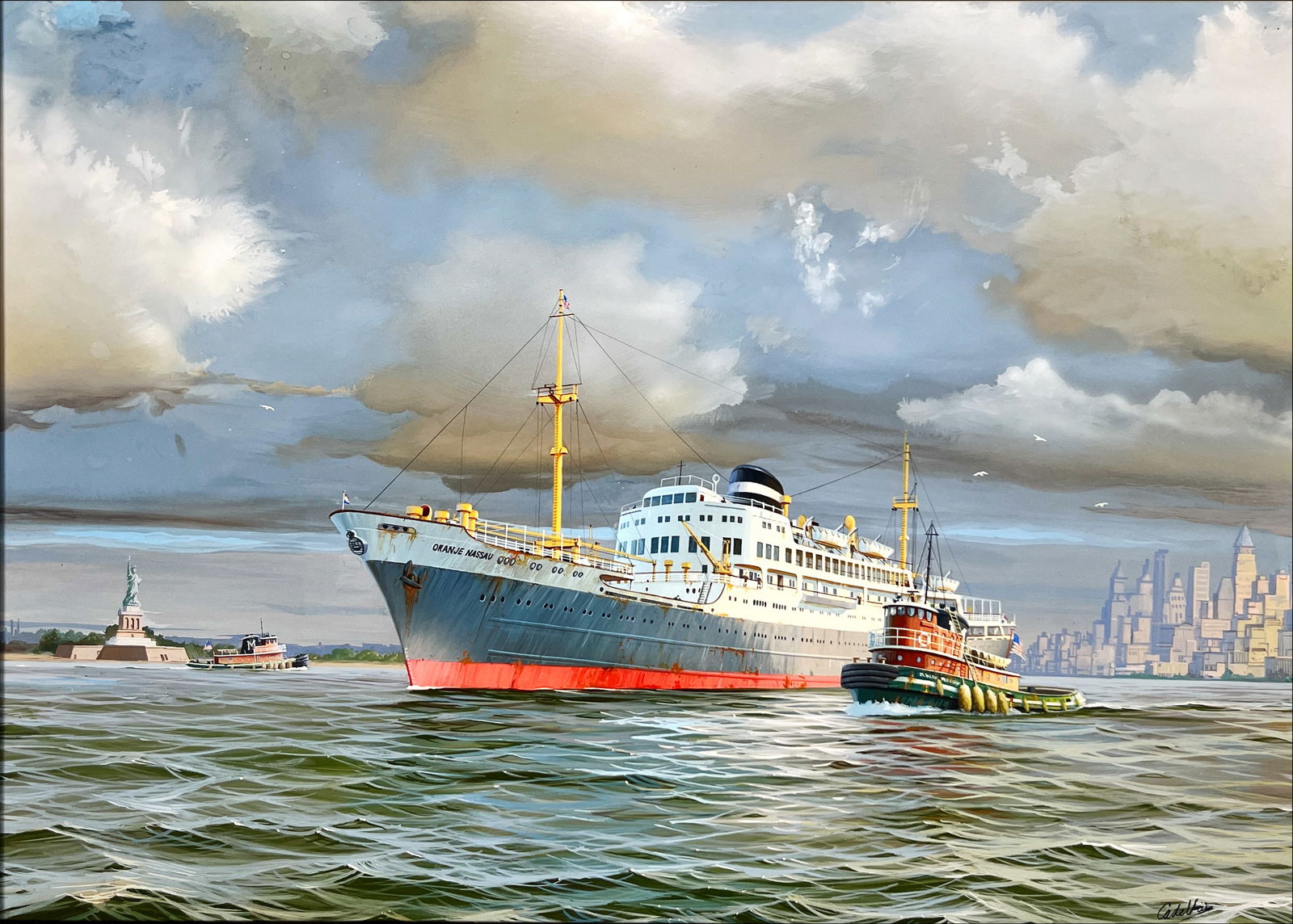C. de Vries - Ship Oranje Nassau in New York - Oil painting - Hand-signed: Impressive maritime oil painting depicting the Dutch passenger ship Oranje Nassau navigating New York Harbor. The vessel is shown in full profile, escorted by a tugboat, with the Statue of Liberty