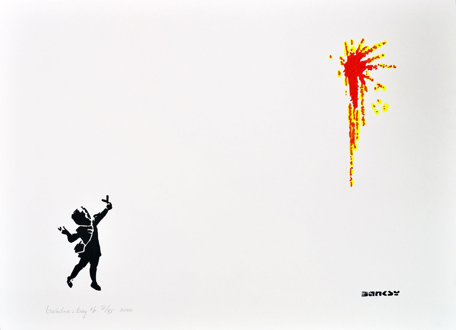 Banksy, after - Stencil / Spray.: Title: Valentine's Day. Banksy, after. Stencil/Spray. StreetArt. Edition: A/P (Artist Proof) Random/XX. Comes with Signed COA card of the Publisher. Signature imprimée (signed in plate). With pencil